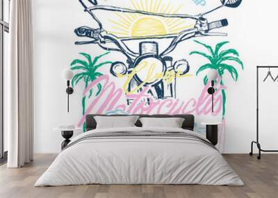 Surfers road trip Vintage Classic Motorcycles hand drawn print design for mixed summer vibes sunset t shirt print design  Wall mural