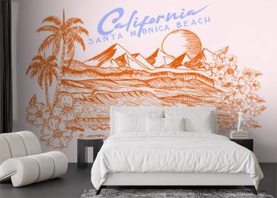 Tropical flowers, palm tree, sun Hand drawn vector Beach sketch with mountain, surfing beach vector landscape, panorama view with waves, sun and seagulls. Illustration of surf board in the sand Wall mural