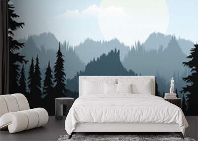 Vector illustration of beautiful mountain, Vector illustration of the pine trees forest receding into the distance on the background of light blue mountains in thick fog. Wall mural