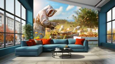 View of honey bee farm and a beekeeper, checking the beehive box, with sunlight in the background. Wall mural