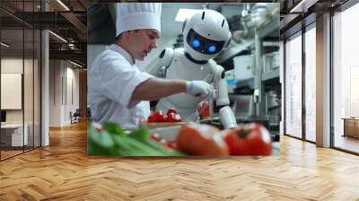 Chef with cooking robot assistant in restaurant future concept. Wall mural