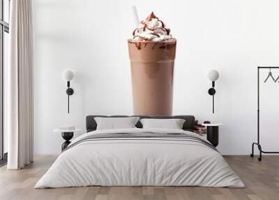 Chocolate milkshake with cocoa bean with white background and warm light for product presentation in front view. Created using generative AI. Wall mural