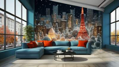 Christmas with Tokyo tower background with the snow and blue sky in paper art and craft design concept. Created using generative AI. Wall mural