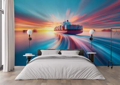 Colossal cargo ship sailing at sunset, reflecting vibrant colors in the ocean Wall mural