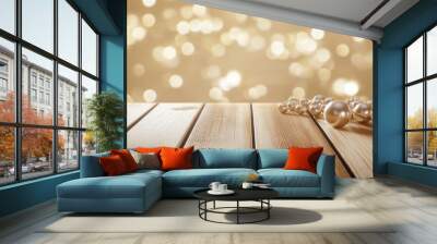 Empty wooden table in elegant design gold theme and bokeh for product presentation. Wall mural