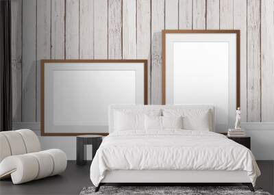 Two blank photo frames near old painted wooden panels wall, countryside style decor, interior mock up Wall mural