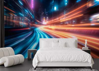 Flowing glowing binary code in a futuristic digital data stream environment Wall mural