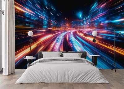 Flowing glowing binary code in a futuristic digital data stream environment Wall mural