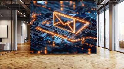 Neon email icon floating above intricate circuits, representing digital communication technology Wall mural