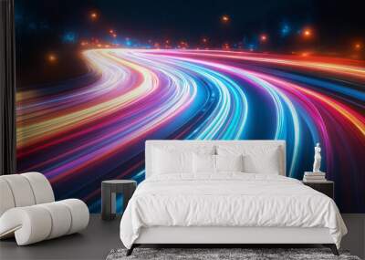 Neon-lit city streets with futuristic motion blur and glowing light trails at night Wall mural