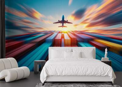 Plane flying over colorful containers in a bright sky symbolizing global trade and logistics Wall mural