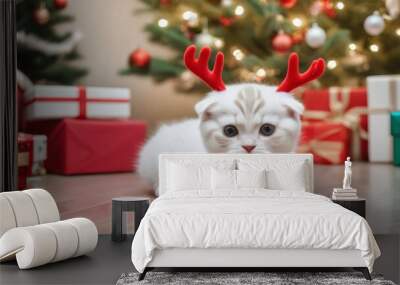 A white Scottish kitten wearing red antlers welcomes Christmas. Wall mural