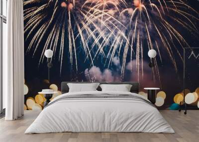 Fireworks and bokeh illustration background for festival celebration. Wall mural