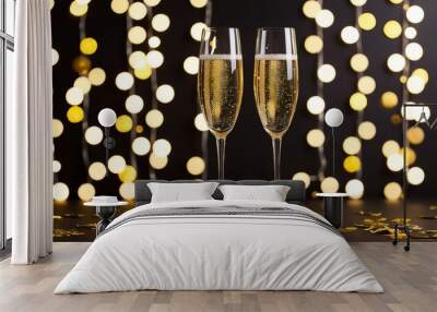 high quality photo showing celebration with two champagne glasses filled with sparkling wine. the gl Wall mural