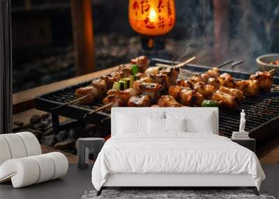 Juicy grilled meat skewers sizzling over hot coals Wall mural