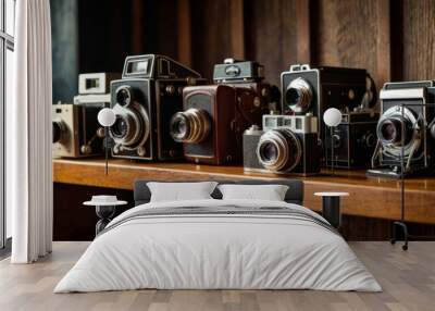 Various antique cameras are displayed on wooden shelves. Wall mural