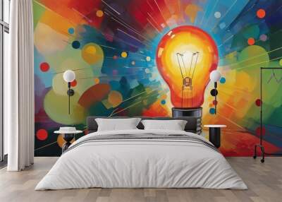 Watercolor illustration of a fluorescent light bulb symbolizes innovation, illuminating bright ideas. Wall mural