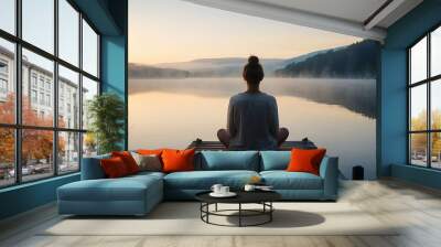 Young woman meditating in the morning by the lake Wall mural