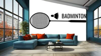 Black badminton racket and black shuttlecock silhouette. Flat vector illustration isolated on white background. Wall mural