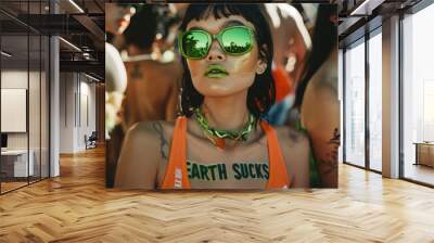 A Close up of a woman with black hair and green sunglasses wearing an orange tank top and text 