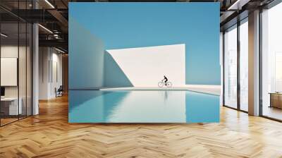 A man on a bicycle stands next to the pool on a white sand beach, with turquoise water and the shadow of a boy riding his bike nearby.




 Wall mural