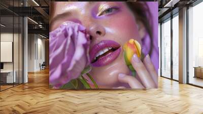 A pastel makeup palette with lilac and pink hues highlights an elegant woman with flowers, with her eyes reflecting vibrant eyeshadow shades.Minimal creative make up and nature concept.   Wall mural