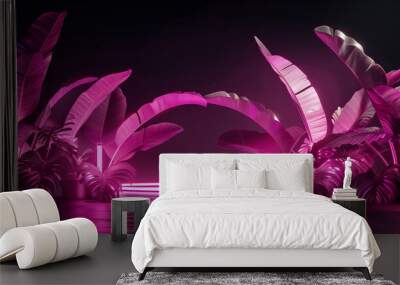 A pink banana leaves installation with neon pink lighting and planters shaped like arches against a black background, featuring pink light on the floor, serves as stage design for an event and fashion Wall mural