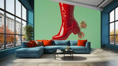 Red boot floating with candy flying around. Traditional Christmas background. Wall mural