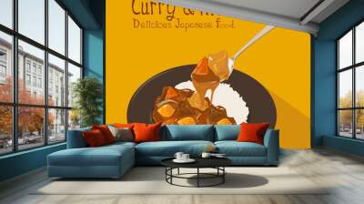 Japanese curry rice with meat, carrot, and potato close-up in spoon on the plate and yellow background. Vector illustration. Wall mural