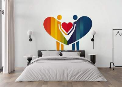 Celebrating Love: Happy Gay Couple with Red Heart Icon Symbolizing Gay Marriage Equality and Togetherness Wall mural