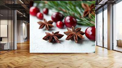 Festive Christmas Dessert with Cranberries, Star Anise, and Pine Branches on White Table Close Up Wall mural