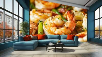 Freshly Cooked Shrimp and Leek Stir Fry on a White Plate Wall mural