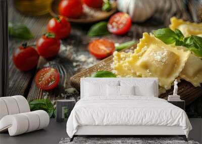 Gourmet Ravioli with Ricotta, Tomatoes, and Basil in a Stylish Setting Wall mural