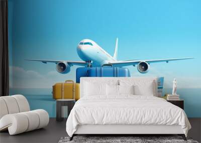 luggage or baggage and planes placed on passport for making advertising media about tourism and all object on blue background, vector 3d on blue background for travel and transport concept design Wall mural