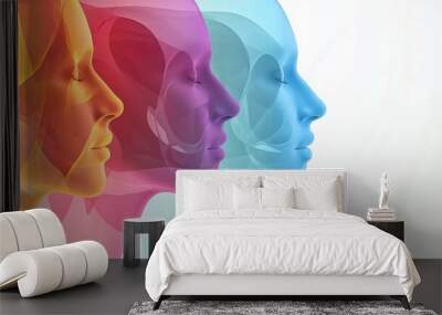 Vibrant Multicolored Profiles in Transparent Layering Abstract Human Forms Creating a Dynamic Composition Wall mural