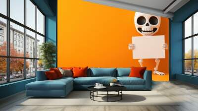 A cheerful skeleton holding a blank sign against a bright orange background, perfect for Halloween or spooky themes. Wall mural