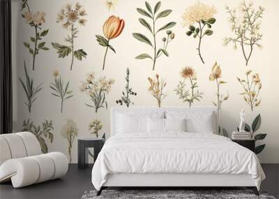 A collection of vintage botanical illustrations showcasing various flowers and plants on a beige background. Wall mural