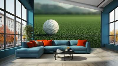 A golf ball resting on green grass in a landscape setting. Wall mural