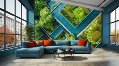 A green and brown landscape with a lot of trees and green plants Wall mural