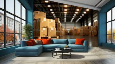 A warehouse filled with stacks of cardboard boxes on wooden pallets, realistic style, high detail, soft lighting Wall mural