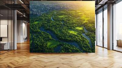 Aerial view of lush greenery with winding rivers at sunrise, nature's serenity captured. Wall mural