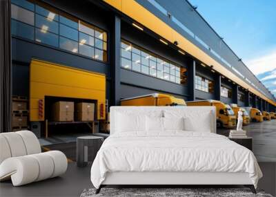 An exterior view of a large warehouse with multiple loading docks, trucks lined up for loading and unloading, seamless logistic operations, blue sky background Wall mural