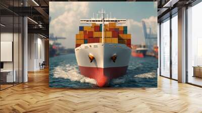 Cargo ship navigating busy harbor waters Wall mural