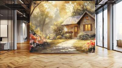 Charming cottage surrounded by vibrant flowers and sunlight in a serene forest setting. Wall mural