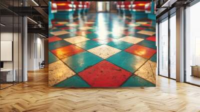 Checkered floor in a retro diner with red and blue booths. Wall mural