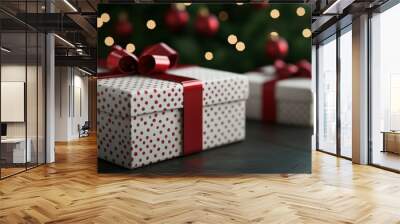 Christmas presents with red ribbons, festive background with bokeh lights. Wall mural