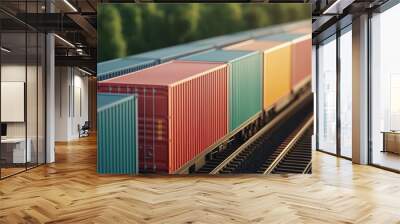 Colorful cargo containers on railway track Wall mural