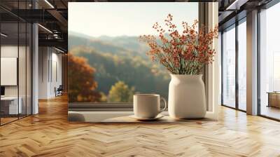 Cozy indoor scene with a vase of flowers and a cup of coffee by the window. Wall mural