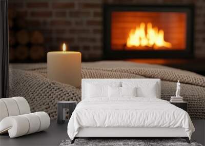 Cozy scene with candle on knitted blanket near warm fireplace. Wall mural