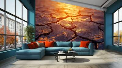 Cracked earth surface under warm sunlight during dusk, nature background. Wall mural